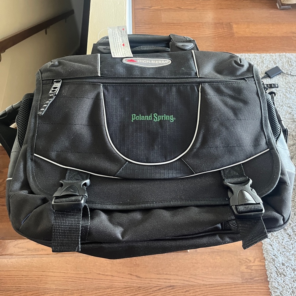 NWT 2 in 1 High Sierra Black and Gray Messenger Bag with Poland Spring logo